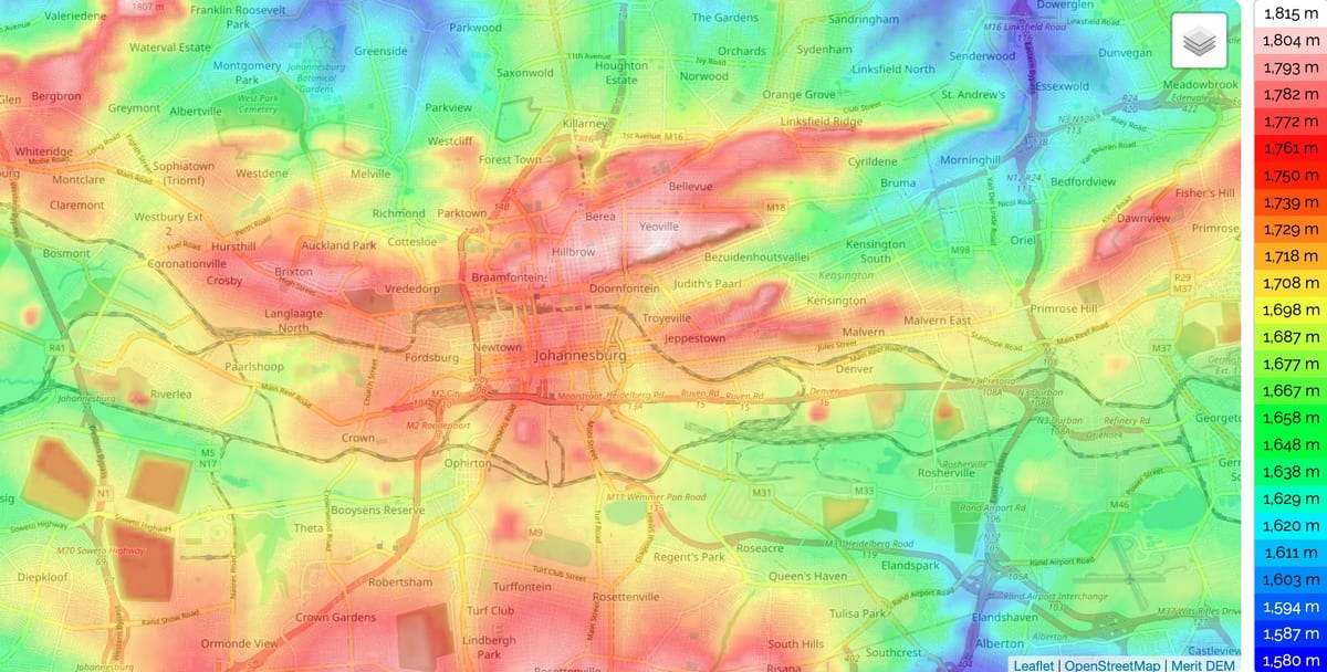 Mapa de elevación de Johannesburgo (Joburg Jozi)
