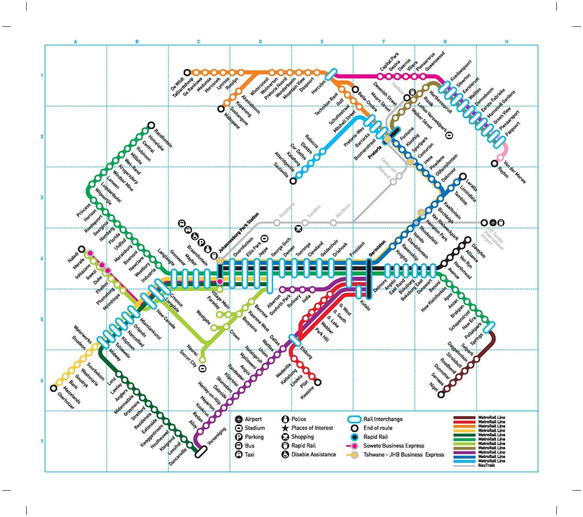 Mapa de las estaciones de tren de Johannesburgo (Joburg Jozi)