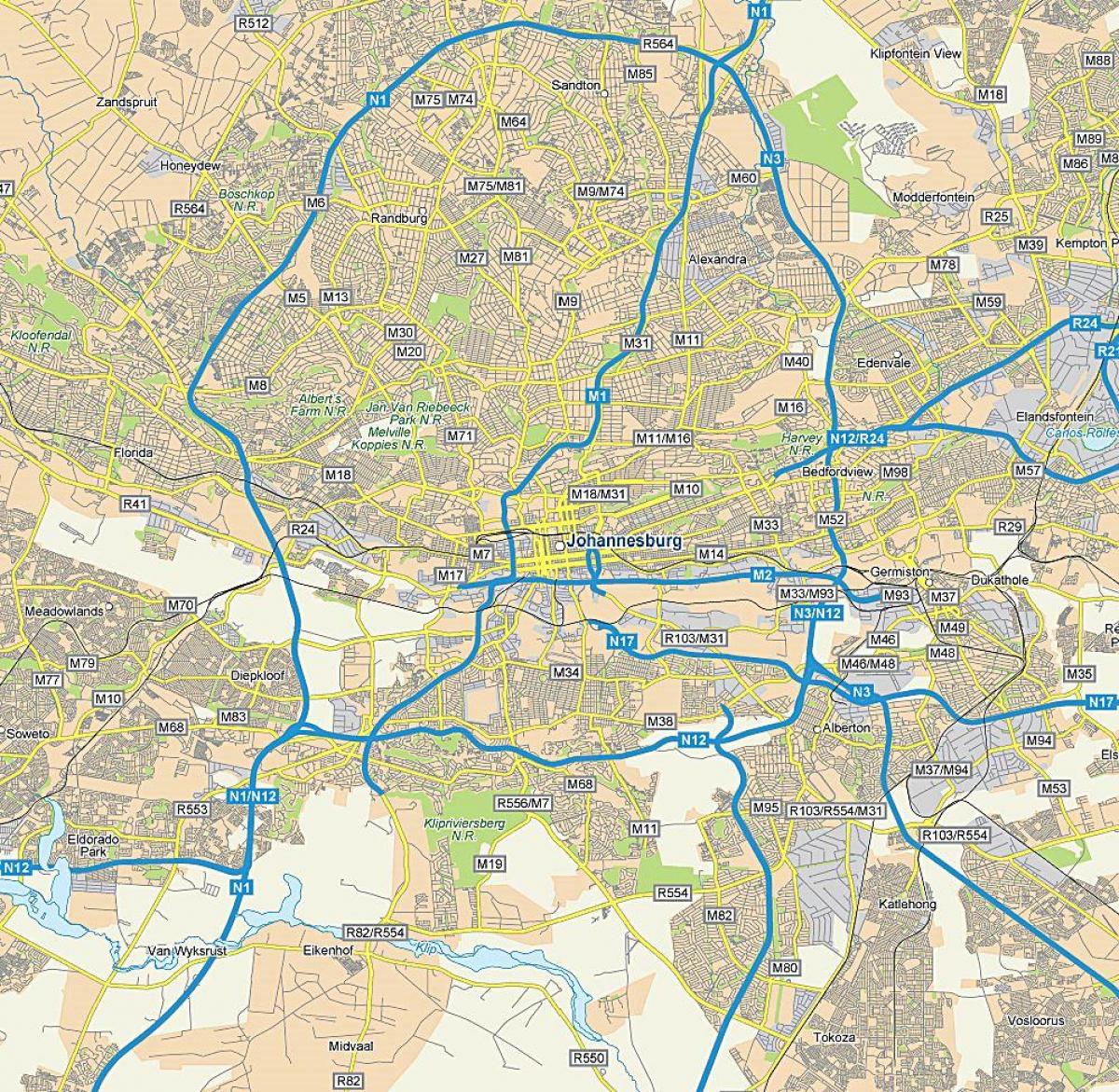 Mapa de carreteras de Johannesburgo (Joburg Jozi)